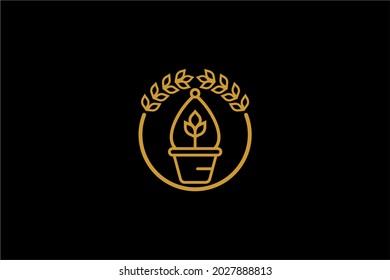 Plant pot logo design. Gardening illustration sign. Outline leaves and pot vector icons.