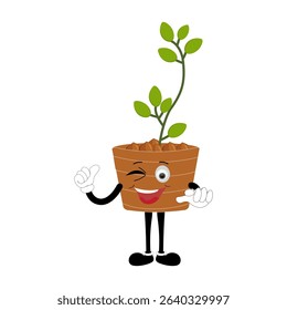 Plant pot mascot cartoon character, Cute Potted Plant Mascot with Vibrant Leaves. Flat Art Plant Mascot, Perfect for Logos and Stickers