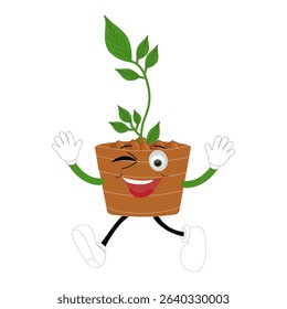 Plant pot mascot cartoon character, Cute Potted Plant Mascot with Vibrant Leaves. Flat Art Plant Mascot, Perfect for Logos and Stickers