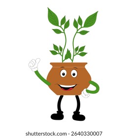 Plant pot mascot cartoon character, Cute Potted Plant Mascot with Vibrant Leaves. Flat Art Plant Mascot, Perfect for Logos and Stickers