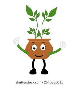 Plant pot mascot cartoon character, Cute Potted Plant Mascot with Vibrant Leaves. Flat Art Plant Mascot, Perfect for Logos and Stickers