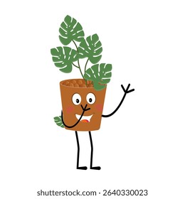 Plant pot mascot cartoon character, Cute Potted Plant Mascot with Vibrant Leaves. Flat Art Plant Mascot, Perfect for Logos and Stickers