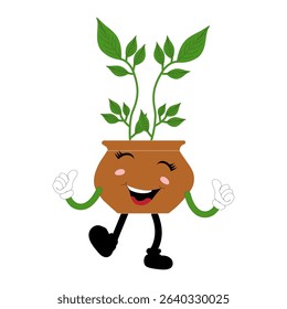 Plant pot mascot cartoon character, Cute Potted Plant Mascot with Vibrant Leaves. Flat Art Plant Mascot, Perfect for Logos and Stickers