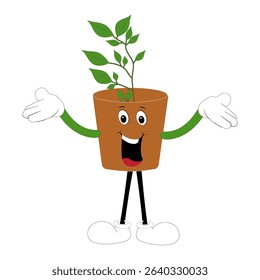 Plant pot mascot cartoon character, Cute Potted Plant Mascot with Vibrant Leaves. Flat Art Plant Mascot, Perfect for Logos and Stickers