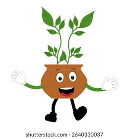Plant pot mascot cartoon character, Cute Potted Plant Mascot with Vibrant Leaves. Flat Art Plant Mascot, Perfect for Logos and Stickers