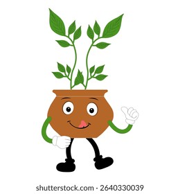 Plant pot mascot cartoon character, Cute Potted Plant Mascot with Vibrant Leaves. Flat Art Plant Mascot, Perfect for Logos and Stickers
