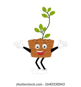 Plant pot mascot cartoon character, Cute Potted Plant Mascot with Vibrant Leaves. Flat Art Plant Mascot, Perfect for Logos and Stickers