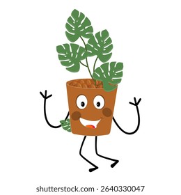 Plant pot mascot cartoon character, Cute Potted Plant Mascot with Vibrant Leaves. Flat Art Plant Mascot, Perfect for Logos and Stickers