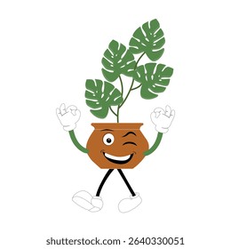 Plant pot mascot cartoon character, Cute Potted Plant Mascot with Vibrant Leaves. Flat Art Plant Mascot, Perfect for Logos and Stickers