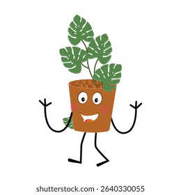Plant pot mascot cartoon character, Cute Potted Plant Mascot with Vibrant Leaves. Flat Art Plant Mascot, Perfect for Logos and Stickers