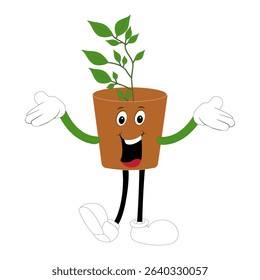 Plant pot mascot cartoon character, Cute Potted Plant Mascot with Vibrant Leaves. Flat Art Plant Mascot, Perfect for Logos and Stickers