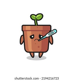 Plant Pot Mascot Character With Fever Condition , Cute Style Design For T Shirt, Sticker, Logo Element