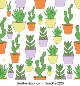 Plant in a pot on a white background seamless pattern. Various plants.