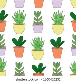 Plant in a pot on a white background seamless pattern. Various plants.