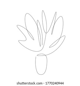 Plant in pot one line drawing on white background, vector illustration
