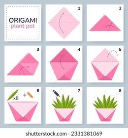 Modelo de movimiento de tutorial de esquema de origami de olla vegetal. Origami para los niños. Paso a paso cómo hacer una tierna olla de origami. Ilustración vectorial.