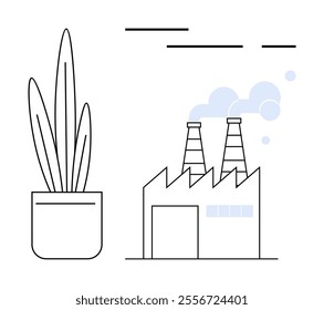 A plant in a pot is placed beside a factory with chimneys emitting smoke. Ideal for themes about environmental impact, sustainable industry, nature vs. industry, eco-friendly practices, and industry