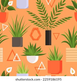 Plant in pot seamless pattern flowerpots set. Cartoon flat different indoor potted decorative houseplants for interior home or office decoration, green garden floral collection on orange background