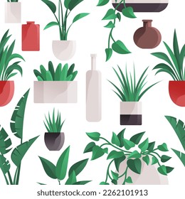 Plant in pot seamless pattern flowerpots set. Cartoon flat different indoor potted decorative houseplants for interior home or office decoration, green garden floral collection isolated on white