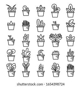 plant in pot and seedling icons line set