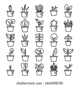 plant in pot and seedling icons line set