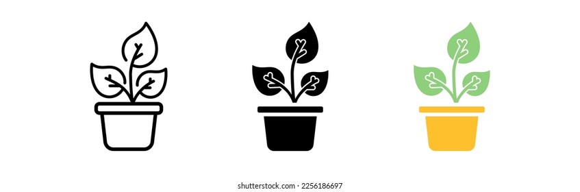 Planta en un icono de conjunto de ollas. Suelo, tierra, botánica, eco, ecología, flora, ecosistema, plantas, hojas, drogas, biología. concepto de naturaleza. Icono de vector en línea, estilo negro y colorido sobre fondo blanco