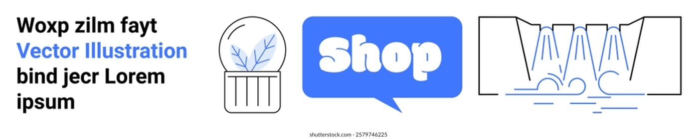 A plant in a pot, shop text in a speech bubble and waterfall represent online shopping, sustainability, and efficient water usage. Ideal for e-commerce, eco-friendly practices, nature, hydration