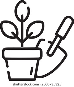 Plant in a pot with a spade, symbolizing gardening or planting. Plant in a pot with spade icon representing gardening and horticulture. EPS