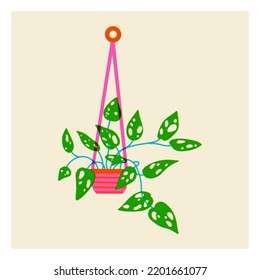 Plant in pot. Tropical tree icon with leaves in risograph style. Contrasting three-color vector illustration. Isolated drawing of decorative house flower.