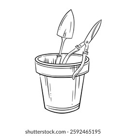 Plante vaso com uma espátula e tesouras de poda no interior. Ilustração gráfica de vetor isolado desenhada à mão de um vaso de flores, uma pá e tesouras. Perfeito para projetos de jardinagem, paisagismo e eco-friendly.