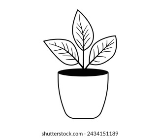 Plant in pot vector icon for home decoration. Houseplant black and white lines illustration.