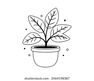 Plant in pot vector icon for home decoration. Houseplant black and white line illustration.