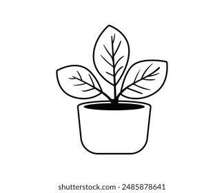 Planta en el icono del Vector de la olla para la decoración casera. Ilustración de línea en blanco y negro de Houseplant.