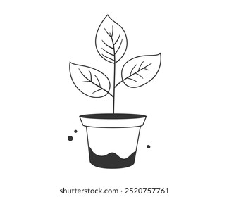 Plant in pot vector icon for home decoration. Houseplant black and white line illustration.