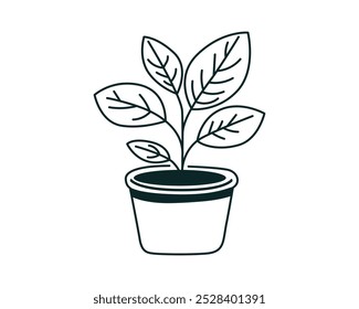 Planta en el icono del Vector de la olla para la decoración casera. Planta de casa ilustración de línea en blanco y negro.