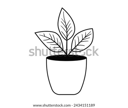 Plant in pot vector icon for home decoration. Houseplant black and white lines illustration.