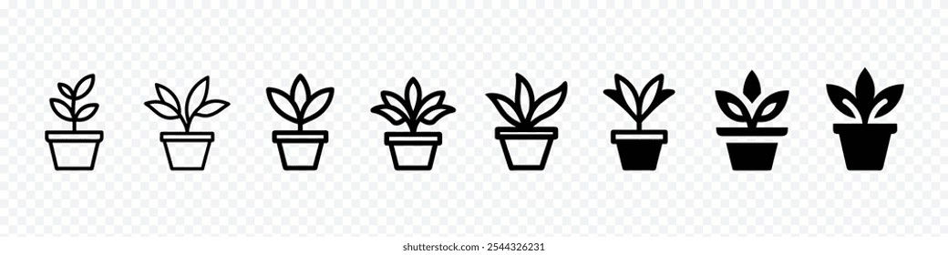 Plant in pot vector icon, potted plant icon, plant pot icon outline vector. Flowerpot with growing up young leaves black vector icon, Potted plant outline icons.