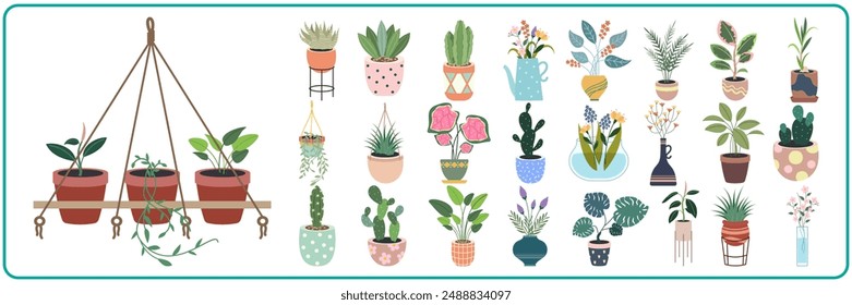 Plant in pot vector illustration. Cartoon flat different indoor potted decorative houseplants for interior home or office decoration, green garden floral collection icons isolated on white