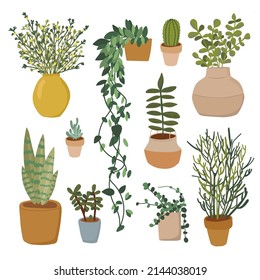 Planta en el conjunto de ilustraciones vectoriales de la olla, maceta plana diferente en el interior para la decoración de la casa o de la oficina set.ion, íconos de colección floral de jardín verde aislados en blanco. Cactus