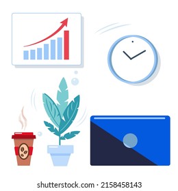 Planta en una olla, reloj de pared, grafo, taza de papel con café caliente y juego para laptop