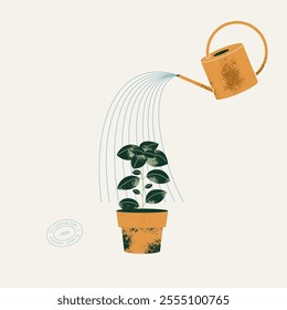 
Plant in a pot with water can. Minimalist garden illustration.