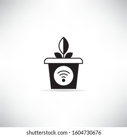 plant pot with wifi signal for smart farm concept icon