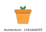 Plant pot with young plant flat icon for web. Simple ceramic pot with small plant vector design. Terracotta pot web icon isolated on white. Orange terra cotta flower pot clipart logo. Garden concept