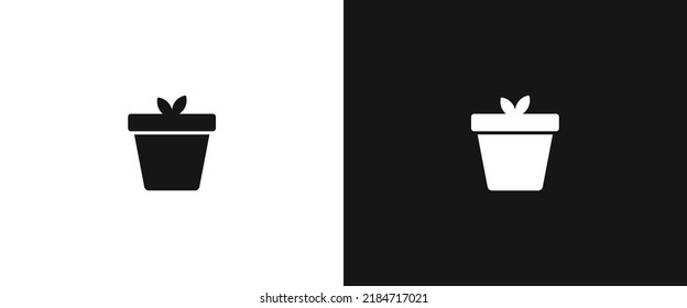 Plant pot with young plant flat icon for web. Simple ceramic pot with small plant sign web icon silhouette with invert color. Terracotta pot solid black icon vector design. Terra cotta flower pot logo