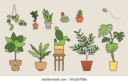 Plant pots collection.  outline simple vector illustration.