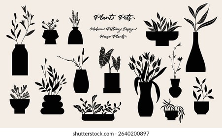 Plant pots and flowerpot illustration, folk art style, silhouette, black and white, isolated vector object. Hand drawing of house plants and potted plants.