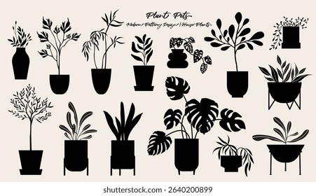 Plant pots and flowerpot illustration, folk art style, silhouette, black and white, isolated vector object. Hand drawing of house plants and potted plants.