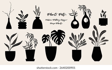 Plant pots and flowerpot illustration, folk art style, silhouette, black and white, isolated vector object. Hand drawing of house plants and potted plants.