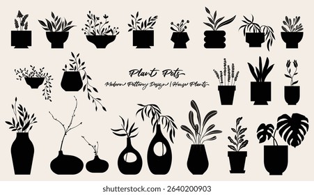 Plant pots and flowerpot illustration, folk art style, silhouette, black and white, isolated vector object. Hand drawing of house plants and potted plants.