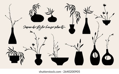 Plant pots and flowerpot illustration, folk art style, silhouette, black and white, isolated vector object. Hand drawing of house plants and potted plants.